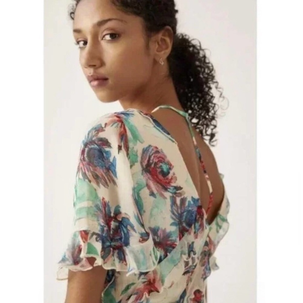 ANTHROPOLOGIE • Watercolor Floral Ruffle Strappy Back Mini Dress - Picture 6 of 16